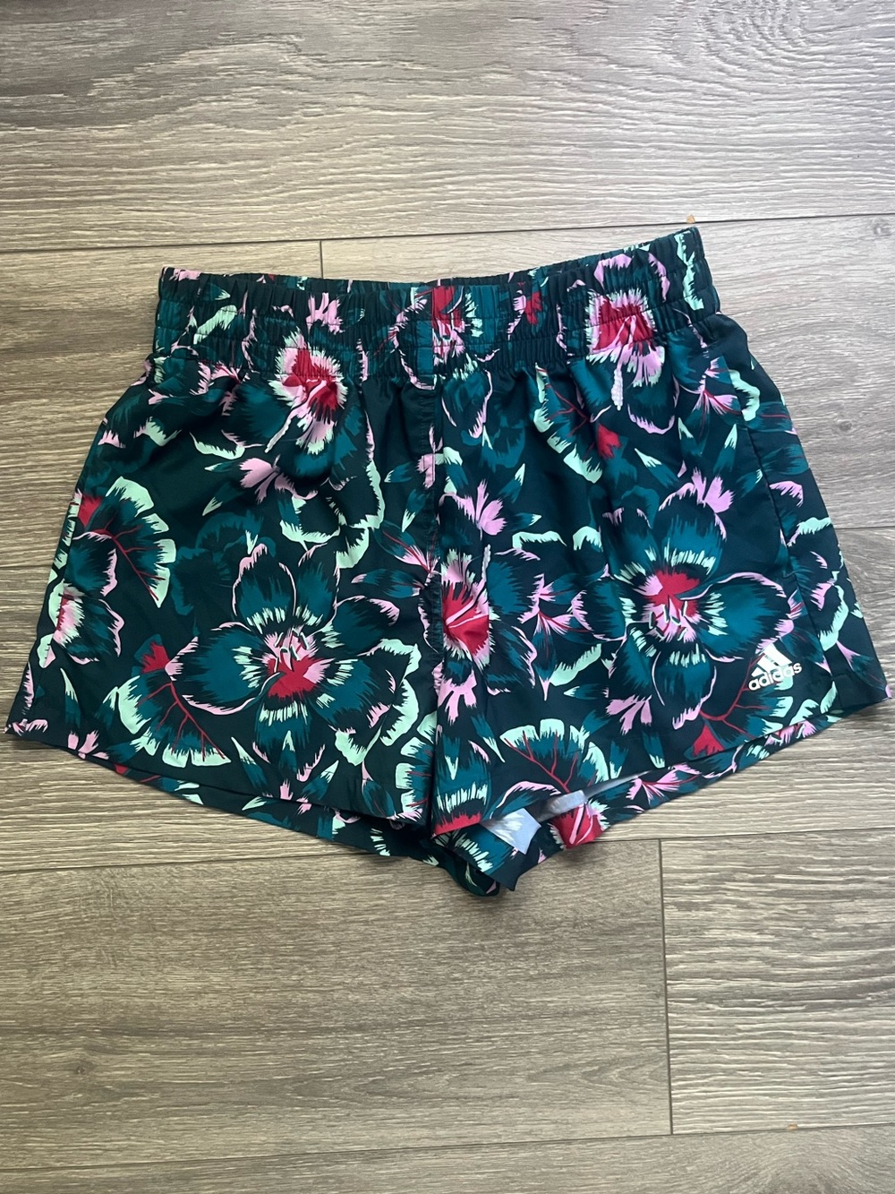 Adidas x Farm Rio Green Pink Floral Athletic Exercise Walk Run Pull On Shorts S